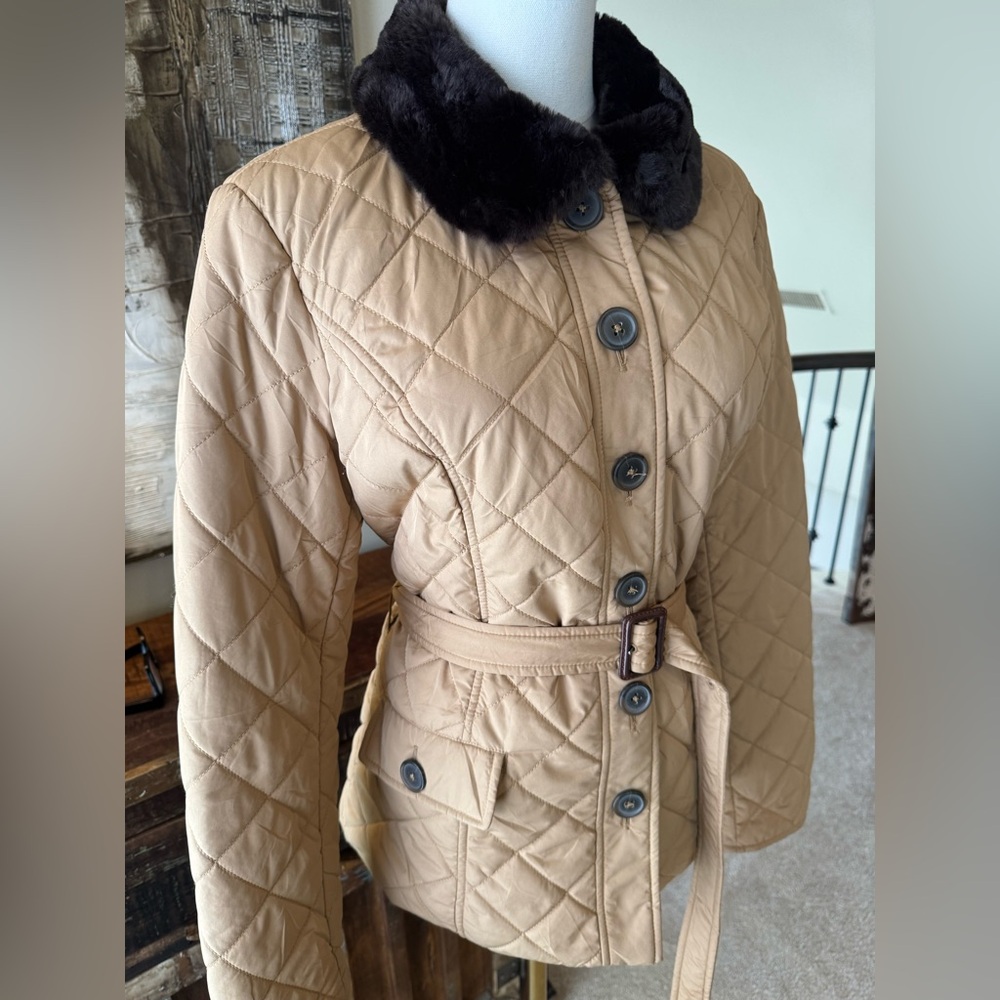 Tommy Hilfiger Tan Quilted Jacket with Brown Faux Fur Collar - size L - Picture 3 of 11